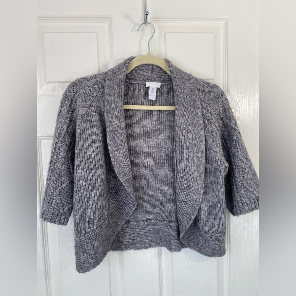 Chico’s Wool Mohair Blend Cardigan Gray Open Front Short Sleeve Size 0 (S)